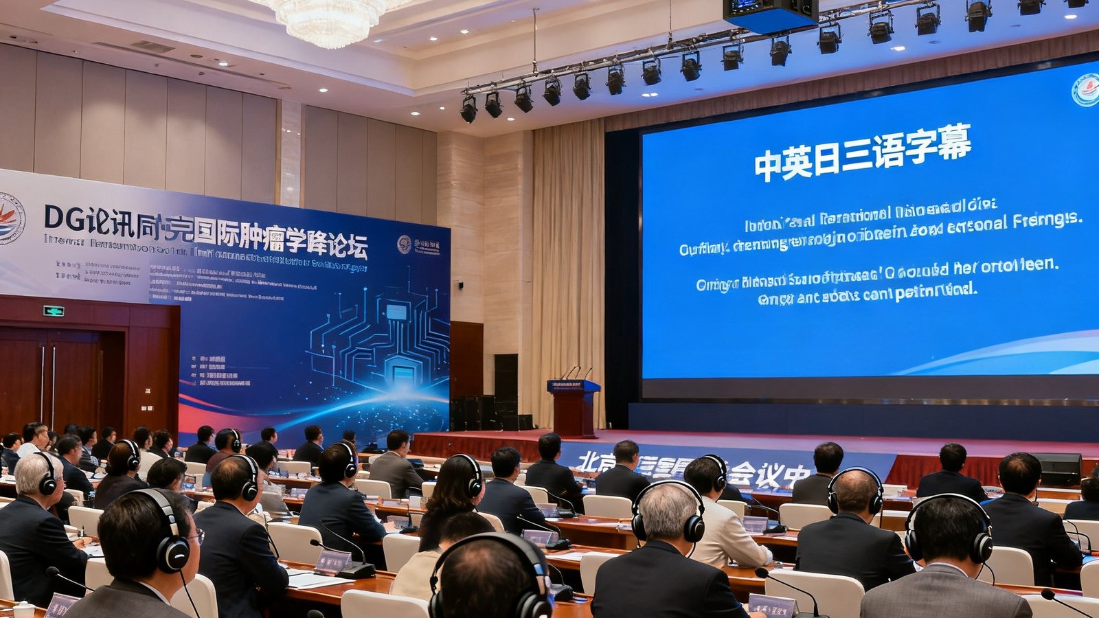 北京国家会议中心内，DG视讯同声传译系统为国际肿瘤学高峰论坛提供多语种实时翻译，大屏幕显示中英日三语字幕，参会者佩戴耳机聆听。